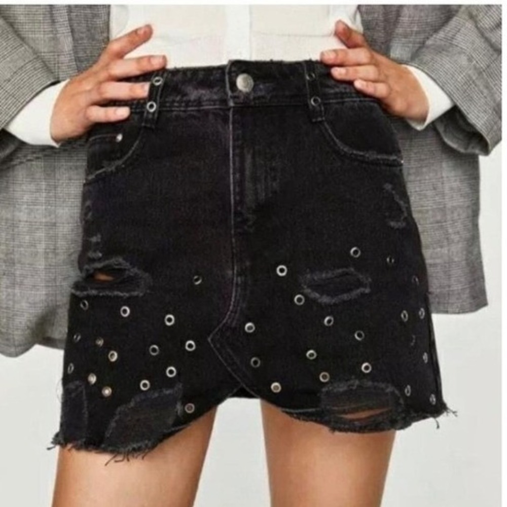 Zara Trafaluc Black Distressed Denim Mini Skirt with Grommet Embellishments